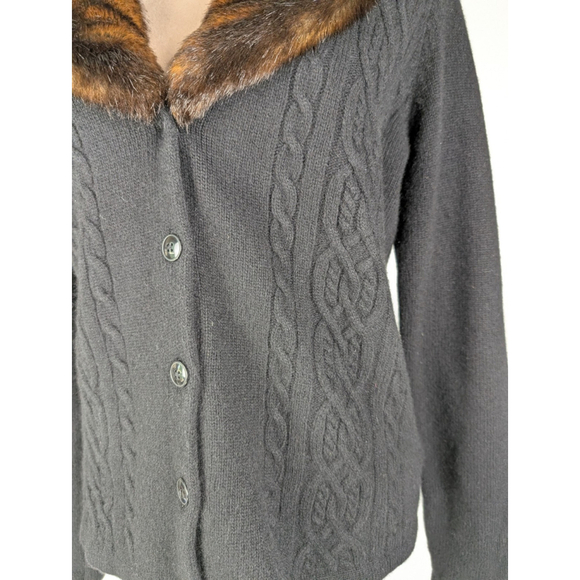 Lauren Ralph Lauren Cable Knit Cardigan Sweater M Black Old Money Equestrian Fur - Picture 5 of 10